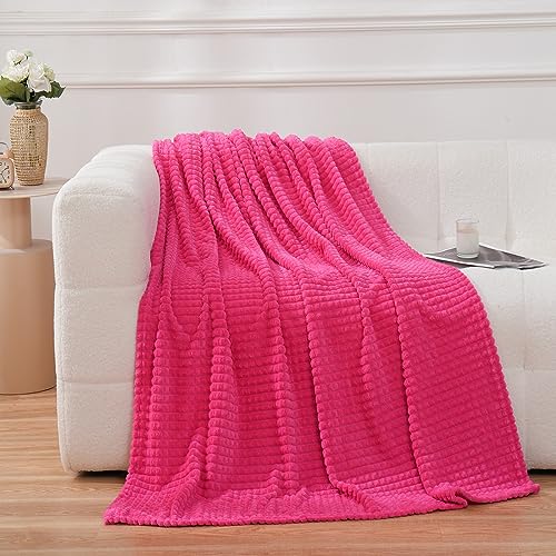 Puncuntex Flannel Fleece Throw Blanket Hot Pink 50"×60",Super Soft Plush Cozy Blanket with 3D Jacquard Square Grid Design Luxury for Couch Sofa Chair - Image 1