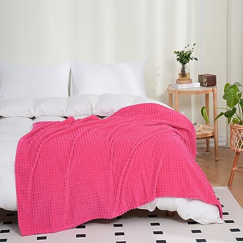 Puncuntex Flannel Fleece Throw Blanket Hot Pink 50"×60",Super Soft Plush Cozy Blanket with 3D Jacquard Square Grid Design Luxury for Couch Sofa Chair - Image 5