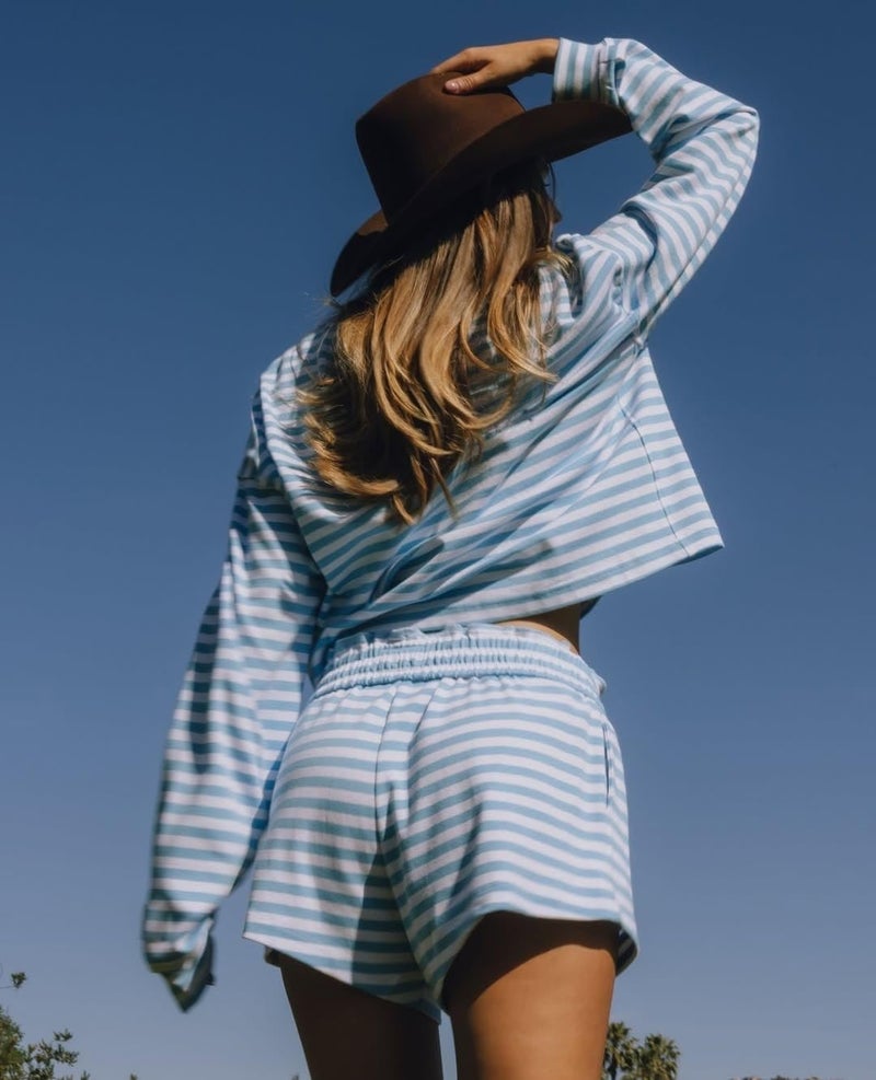 Foidiccx Womens Cotton 2 Piece Striped Long Sleeve T Shirt Boxer Shorts With Pockets Lounge Set Y2k Teen Girls Preppy Clothes Loose Fit Going Out Beach Vacation 2pc Matching Outfits Sets (Sky Blue, S) - Image 4