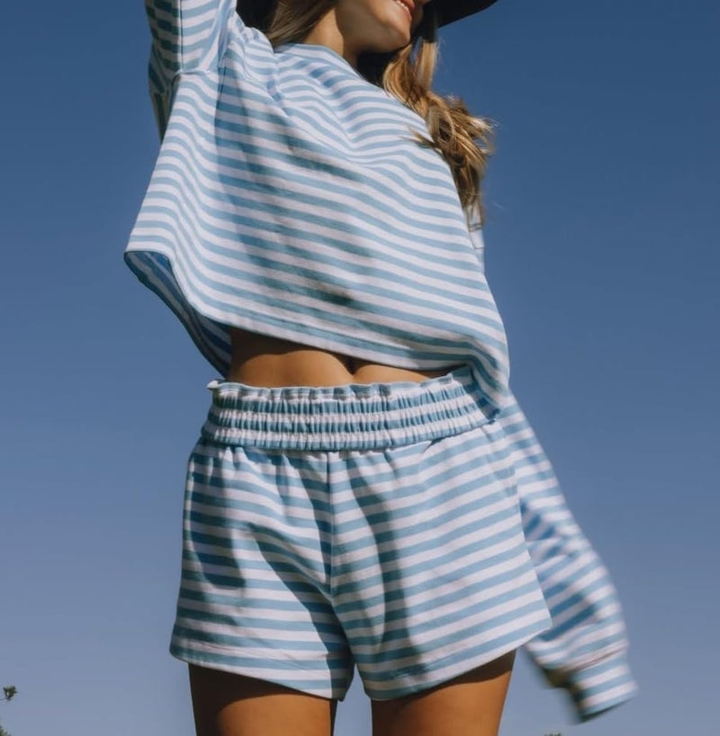 Foidiccx Womens Cotton 2 Piece Striped Long Sleeve T Shirt Boxer Shorts With Pockets Lounge Set Y2k Teen Girls Preppy Clothes Loose Fit Going Out Beach Vacation 2pc Matching Outfits Sets (Sky Blue, S) - Image 2