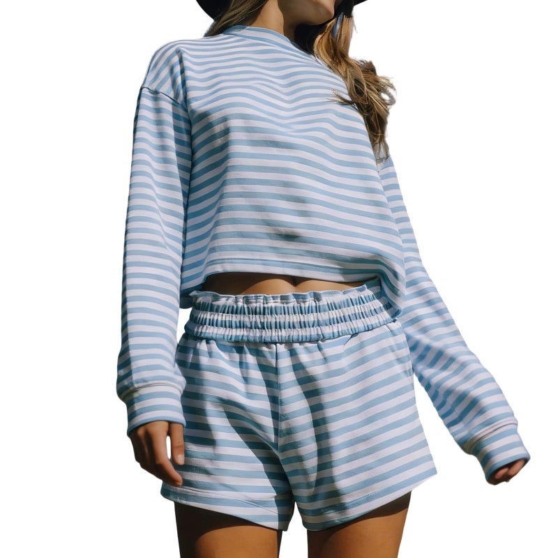 Foidiccx Womens Cotton 2 Piece Striped Long Sleeve T Shirt Boxer Shorts With Pockets Lounge Set Y2k Teen Girls Preppy Clothes Loose Fit Going Out Beach Vacation 2pc Matching Outfits Sets (Sky Blue, S) - Image 1