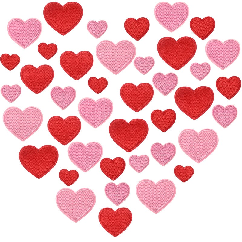 Dilunave 40 Pieces Valentine Iron on Patches Heart Shape Patch Embroidered Applique Red Pink Heart Cute Decorative Patches Assorted Size Sew on Garment Embellishments for DIY Jeans Clothing Hat Bag Decor - Image 3