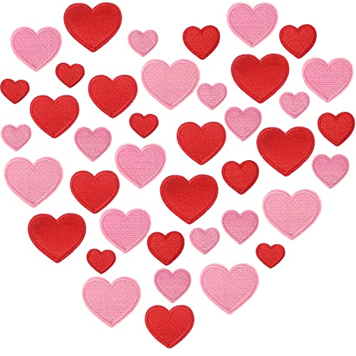 Dilunave 40 Pieces Valentine Iron on Patches Heart Shape Patch Embroidered Applique Red Pink Heart Cute Decorative Patches Assorted Size Sew on Garment Embellishments for DIY Jeans Clothing Hat Bag Decor - Image 1