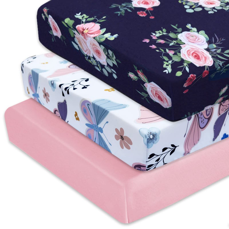 AMROSE 3 Pack Heavenly Soft Crib Sheets for Baby Girls 28 X 52 Fitted Sheets for Crib and Toddler Mattress Pad Silk Touch Gentle Breathable Microfiber Floral  Butterfly