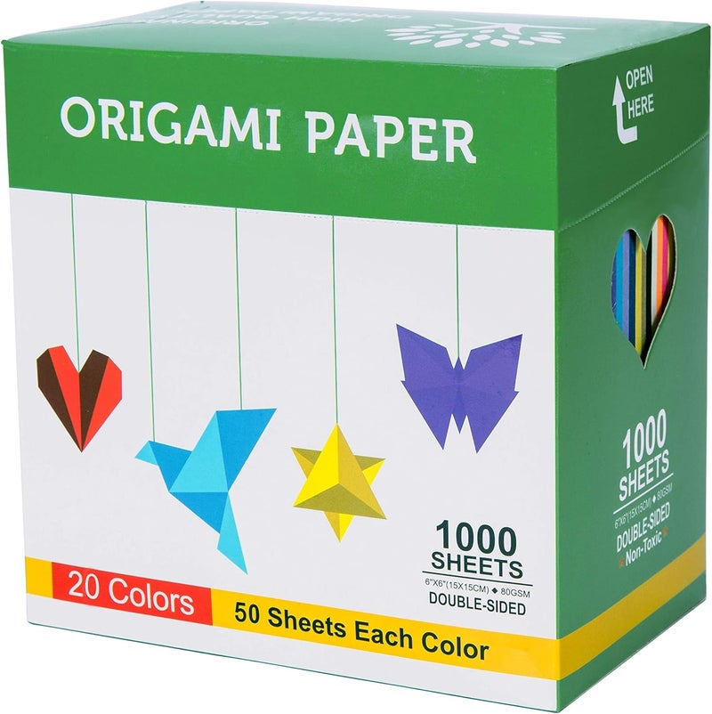 BUBU Origami Paper Kit 1000 Sheets 6 Inch Square Double Sided Color 20 Vivid Colors for Beginners Trainning and School Craft Lessons - Image 1