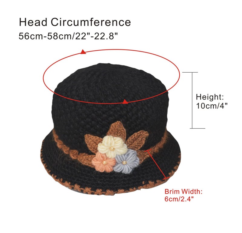 kilsel French Thicken Women's Flowers Knitted-Woolen-Hat Fashion Beanie-Hat Lady Crochet-Bucekt-Hat for Winter Black - Image 3