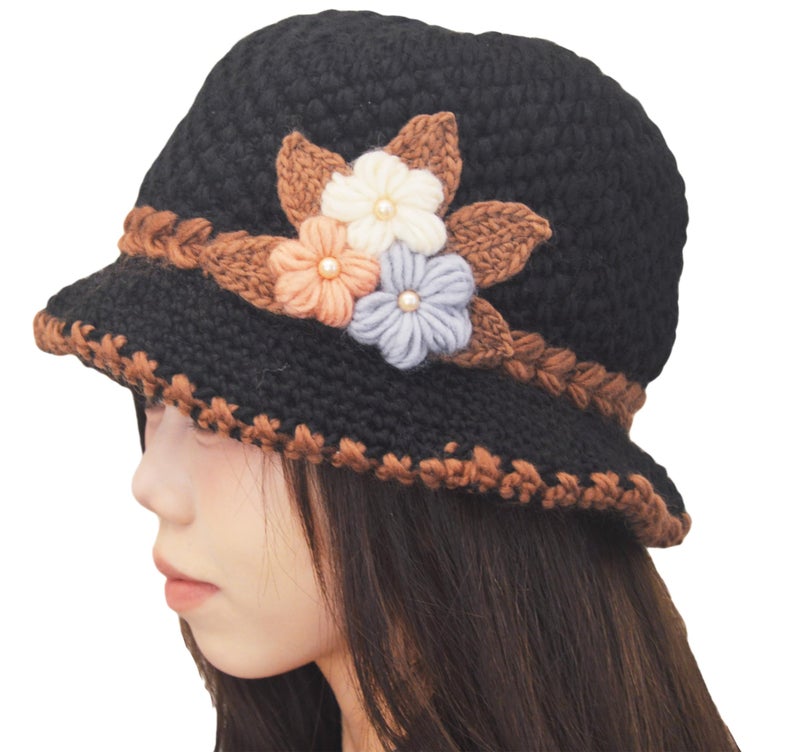 kilsel French Thicken Women's Flowers Knitted-Woolen-Hat Fashion Beanie-Hat Lady Crochet-Bucekt-Hat for Winter Black - Image 2