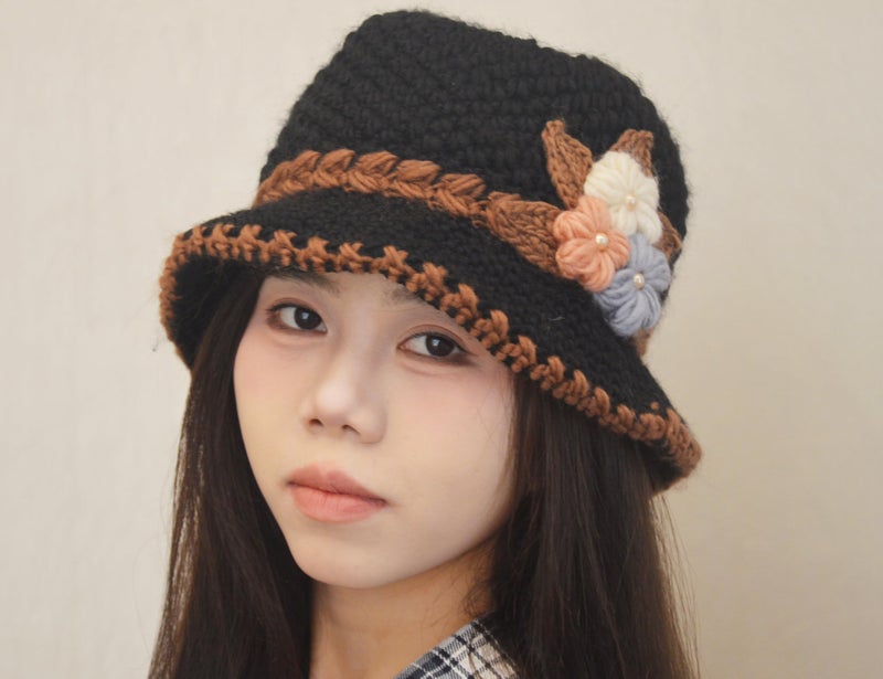 kilsel French Thicken Women's Flowers Knitted-Woolen-Hat Fashion Beanie-Hat Lady Crochet-Bucekt-Hat for Winter Black - Image 5