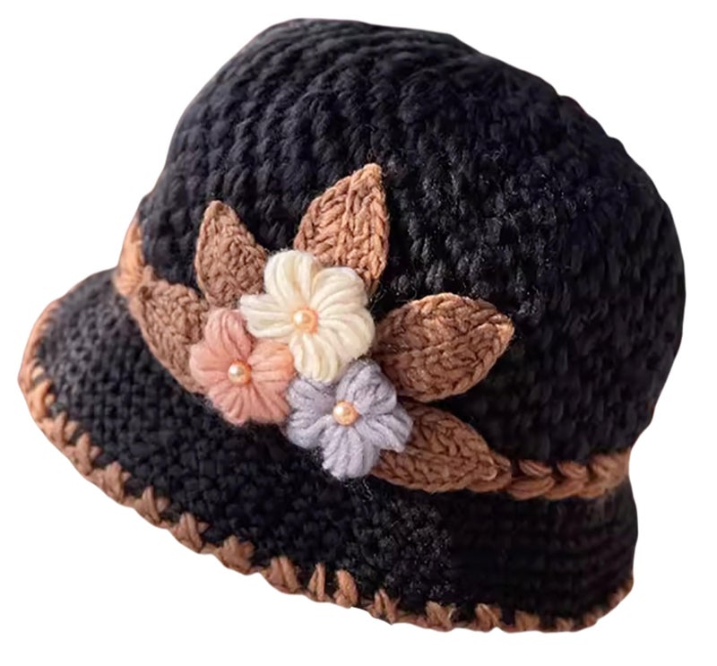 kilsel French Thicken Women's Flowers Knitted-Woolen-Hat Fashion Beanie-Hat Lady Crochet-Bucekt-Hat for Winter Black - Image 1