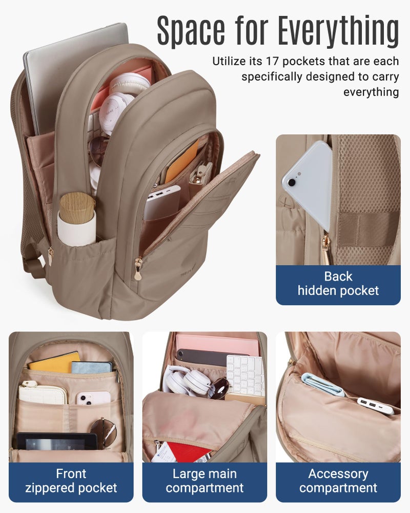 LIGHT FLIGHT College Backpack for Women Travel, 15.6" Laptop Backpack with USB Charging Hole, Water Resistant, Large Capacity, Daypack for Work, Casual Computer Bags, Champagne - Image 2