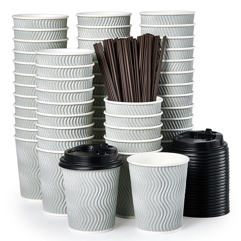 MUCHII 8 oz Disposable Coffee Cups Paper Coffee Cups With Lids  Straws 100 Count Insulated Ripple To Go Coffee Cups 8 oz for Tea Hot Chocolate and Drinks Silver grey