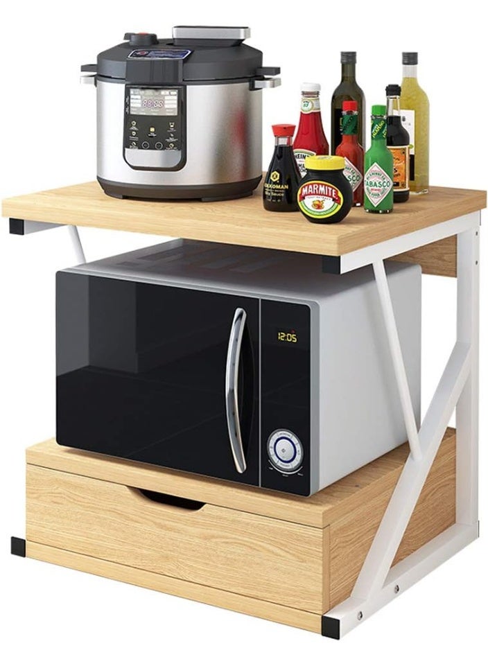 NANAO رف خباز المطبخ ذو الطبقتين مع أدراج، رف توابل، حامل ميكروويف على الطاولة، منظم تخزين، وحدة رفوف قائمة بذاتها، سطح خشبي وإطار معدني - Image 1