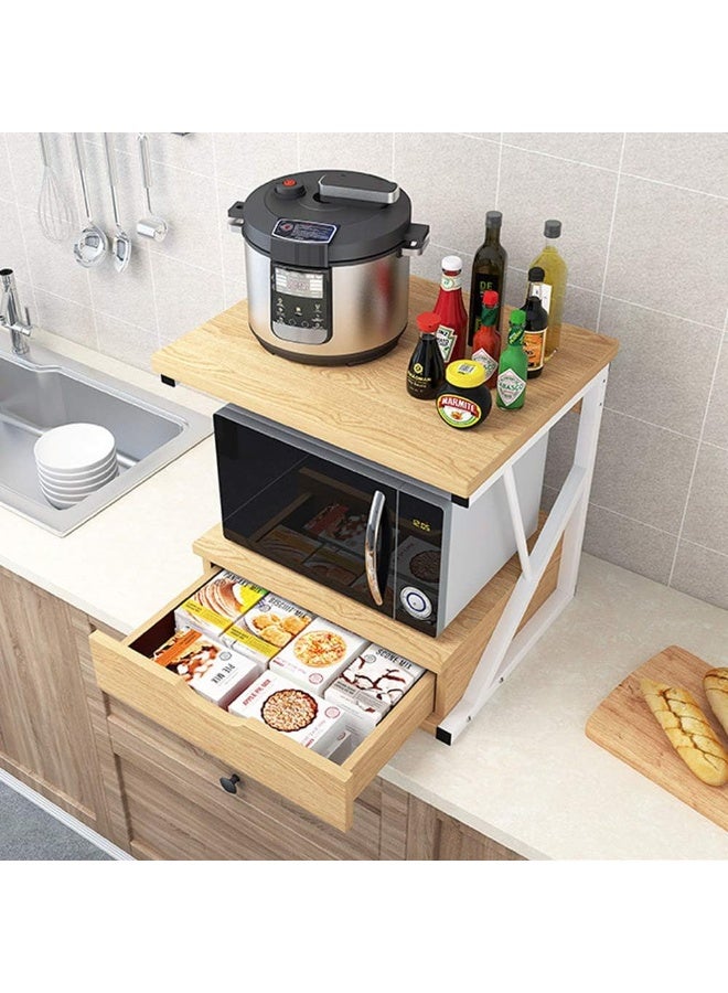 NANAO رف خباز المطبخ ذو الطبقتين مع أدراج، رف توابل، حامل ميكروويف على الطاولة، منظم تخزين، وحدة رفوف قائمة بذاتها، سطح خشبي وإطار معدني - Image 2