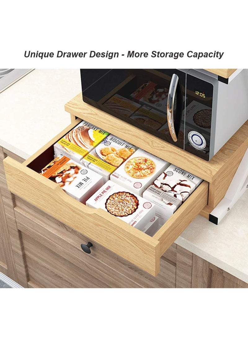 NANAO رف خباز المطبخ ذو الطبقتين مع أدراج، رف توابل، حامل ميكروويف على الطاولة، منظم تخزين، وحدة رفوف قائمة بذاتها، سطح خشبي وإطار معدني - Image 4