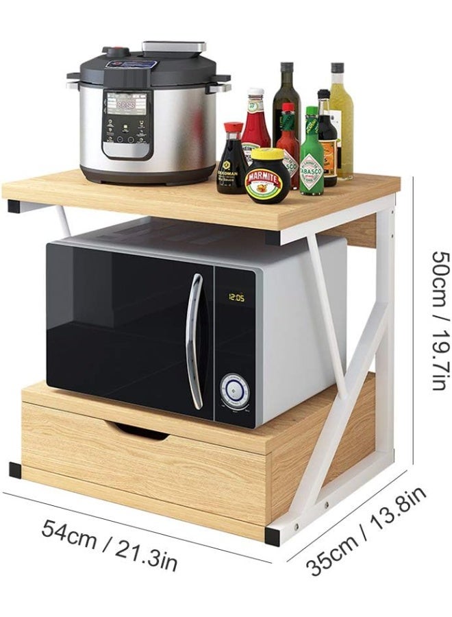 NANAO رف خباز المطبخ ذو الطبقتين مع أدراج، رف توابل، حامل ميكروويف على الطاولة، منظم تخزين، وحدة رفوف قائمة بذاتها، سطح خشبي وإطار معدني - Image 3