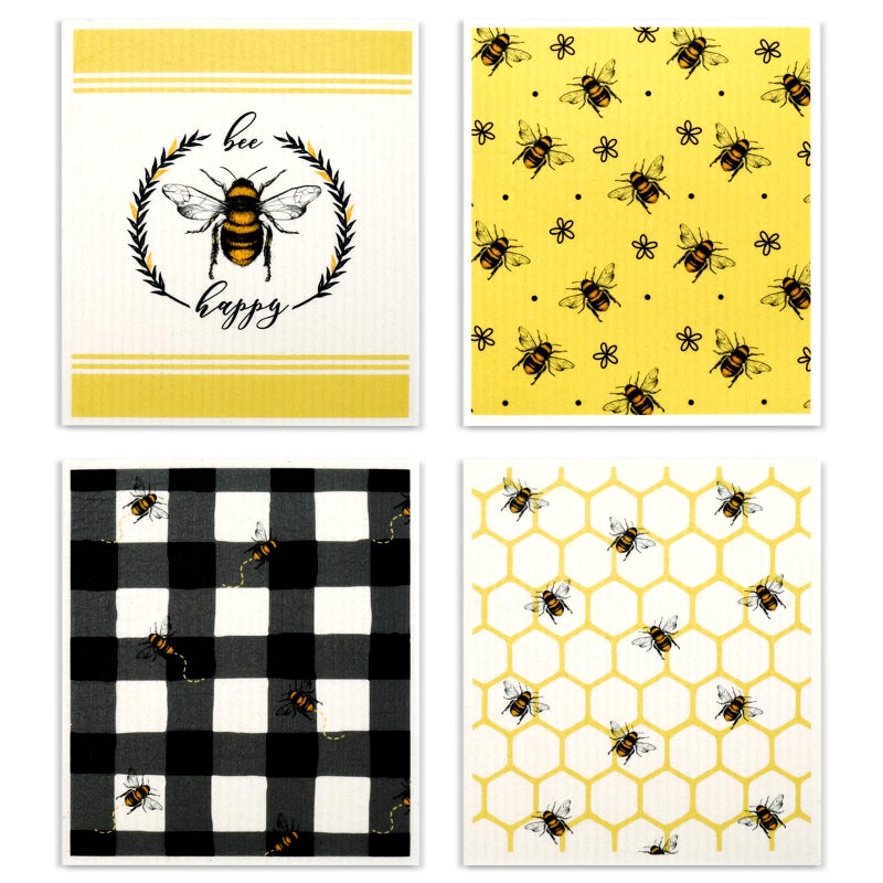 Whaline 4 Pack Bees Dishcloths Reusable Washable Bees Swedish Towels Cotton Absorbent Cleaning Cloth Seasonable Spring Summer Hand Towels Decoration for Kitchen Towel Home Clean Bathroom Office Gifts