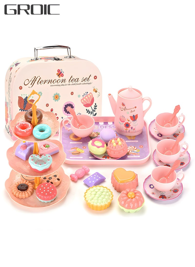 GROIC Tea Set for Little Girls, Princess Tea Time Toys Playset- Teapot Dishes Dessert & Carrying Case, Kitchen Pretend Play Tea Party Set,Kids Kitchen Pretend Play - Image 1
