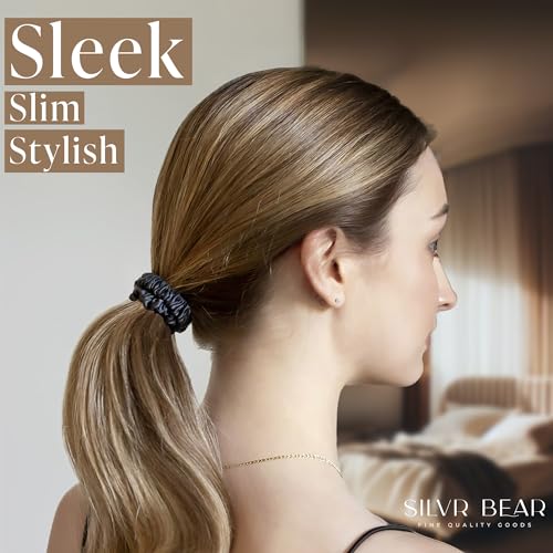 SILVR BEAR Luxury Black Skinny Satin Scrunchies for Women | Pack of 6 | Anti-Hair-Breakage, Stylish Scrunchy for Girls, Women, Hair Ties | Best gift for Sister, Friend, Mom | Black Color (Skinny) - Image 3