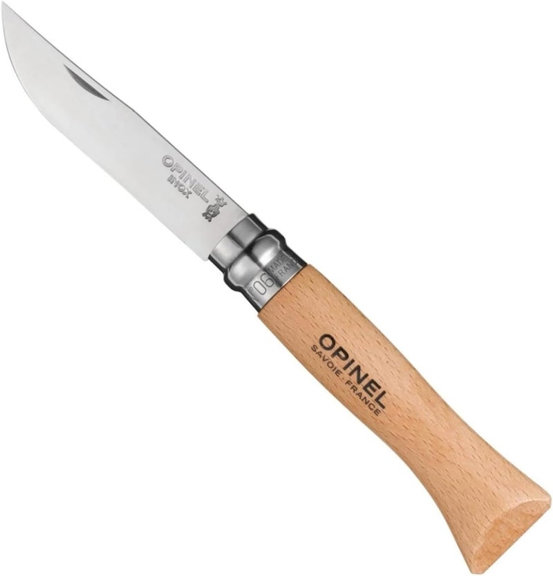 Opinel No. 06 INOX - Sandvik Stainless Steel Folding Pocket Knife, Beechwood Handle, 2.87 in. Blade, Virobloc Safety Locking Collar, Made in France - Image 1
