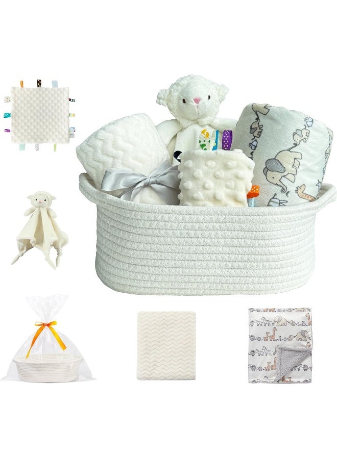 CREVENT Baby Welcome Gift Set Storage Basket with Two Blankets + A Security Blanket + A Taggie + A Gift Bag with Ribbon (Ivory) - Image 1