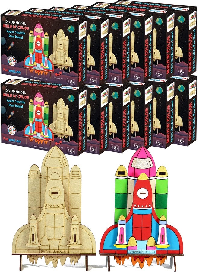 Funvention Space Shuttle - 3D Coloring Model (Pack of 12) - DIY Desk Organizer Pen Stand - STEM Leanring 3D Puzzle Toy - Art, Coloring and Painting Kit for Kids -Birthday Return Gift,Kids Party Pack - Image 1