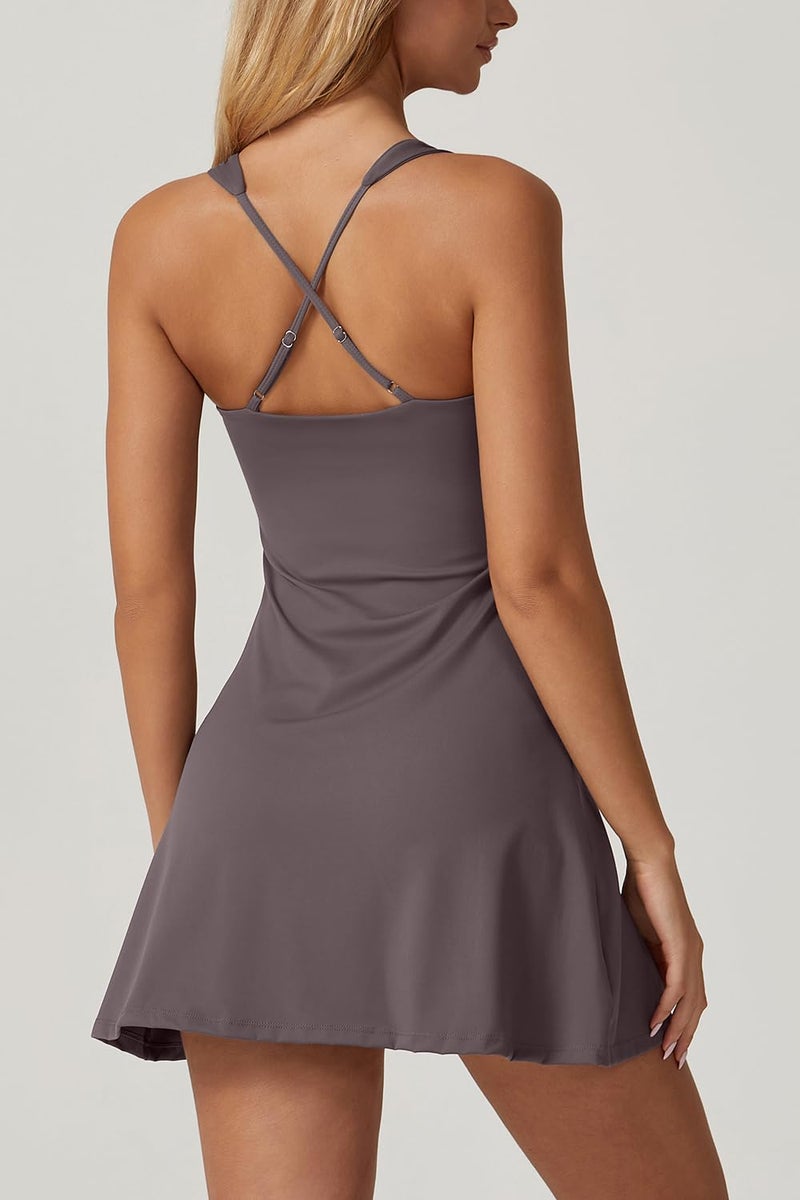 QINSEN Exercise Workout Dress for Women Square Neck Sleeveless Flare Tennis Dress with Shorts Pockets Rose Taupe M - Image 2