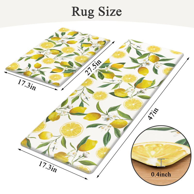 SHACOS Anti Fatigue Lemon Kitchen Rugs Mats Set of 2 Pieces Non Slip Soft Cushioned Wipeable Kitchen Mats for Floor Standing Mats, 17"x27.5"+17"x47", White - Image 2