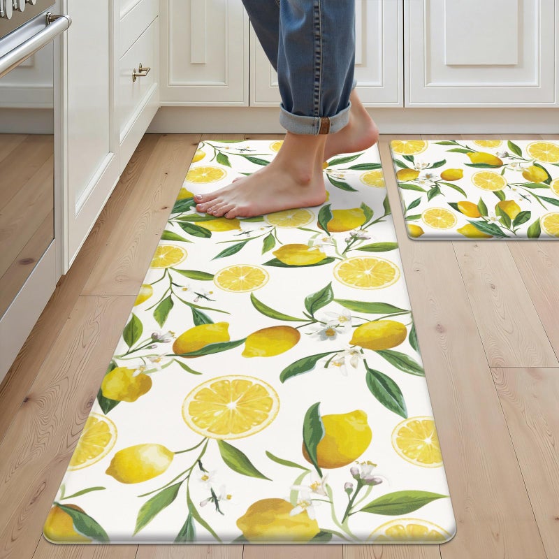 SHACOS Anti Fatigue Lemon Kitchen Rugs Mats Set of 2 Pieces Non Slip Soft Cushioned Wipeable Kitchen Mats for Floor Standing Mats, 17"x27.5"+17"x47", White - Image 1
