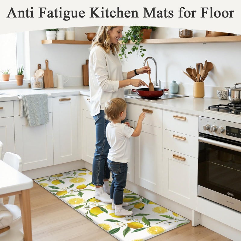 SHACOS Anti Fatigue Lemon Kitchen Rugs Mats Set of 2 Pieces Non Slip Soft Cushioned Wipeable Kitchen Mats for Floor Standing Mats, 17"x27.5"+17"x47", White - Image 5