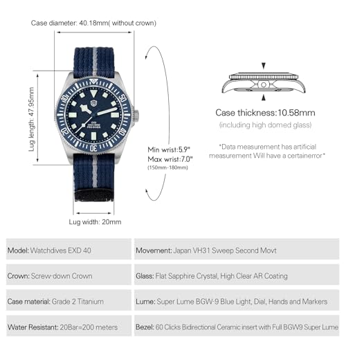watchdives 40mm EXD Titanium Diver Watch Japan VH31 Sweep Second Quartz Watches Sapphire Crystal Wristwatch Analog Luminous Waterproof Watch for Men (Silver Blue) - Image 2