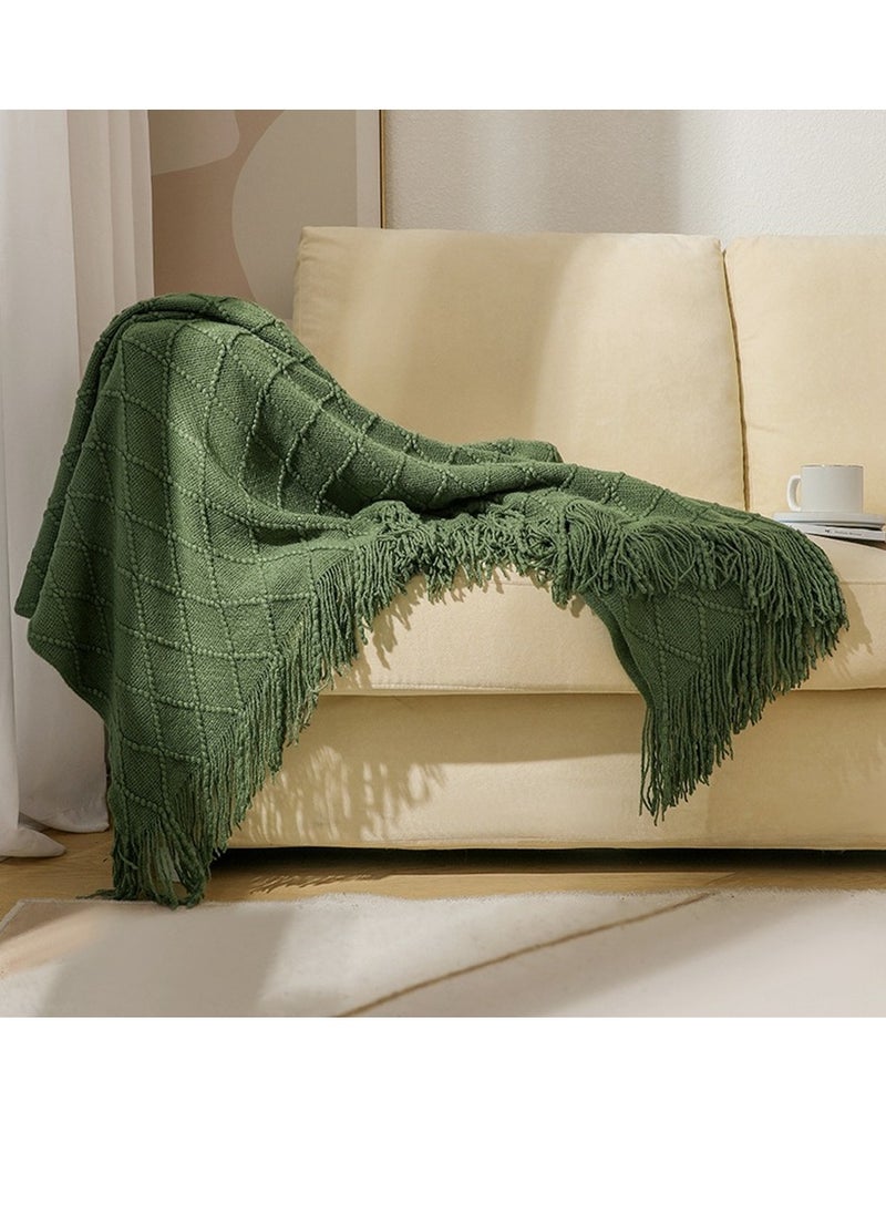 Loquat Tassel Design Knitted Soft Throw Blanket Keep Warm Army Green  - Image 2