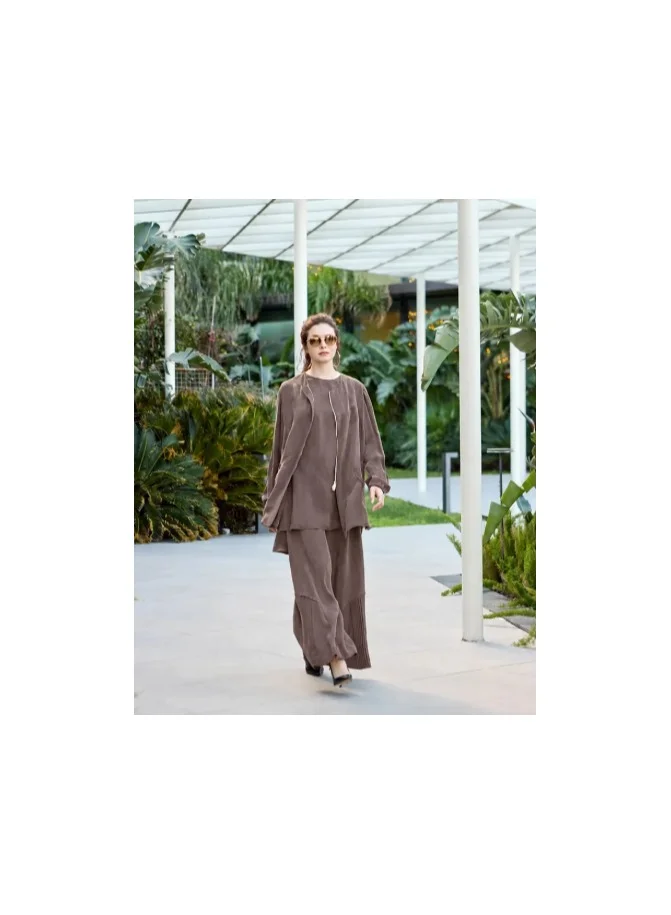 Elegant Zip-Front Two-Piece Set for Women - Brown