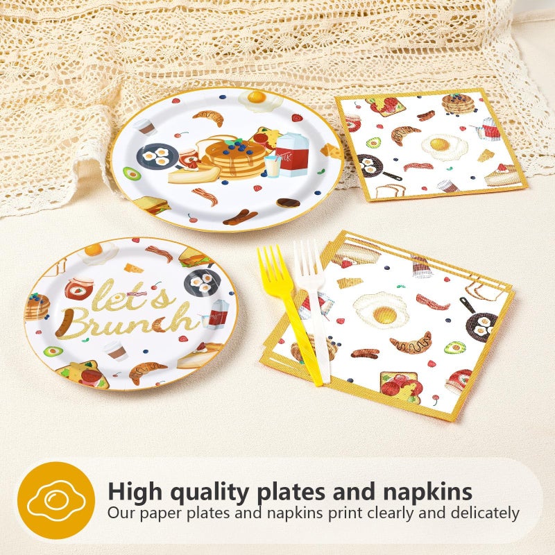 Greencian 96Pcs Let's Brunch Party Supplies Breakfast Food Theme Plates and Napkins Brunch Tableware Set for Birthday Baby Shower Bachelorette Bridal Shower Party Suppliesï¼ŒServes 24 - Image 3
