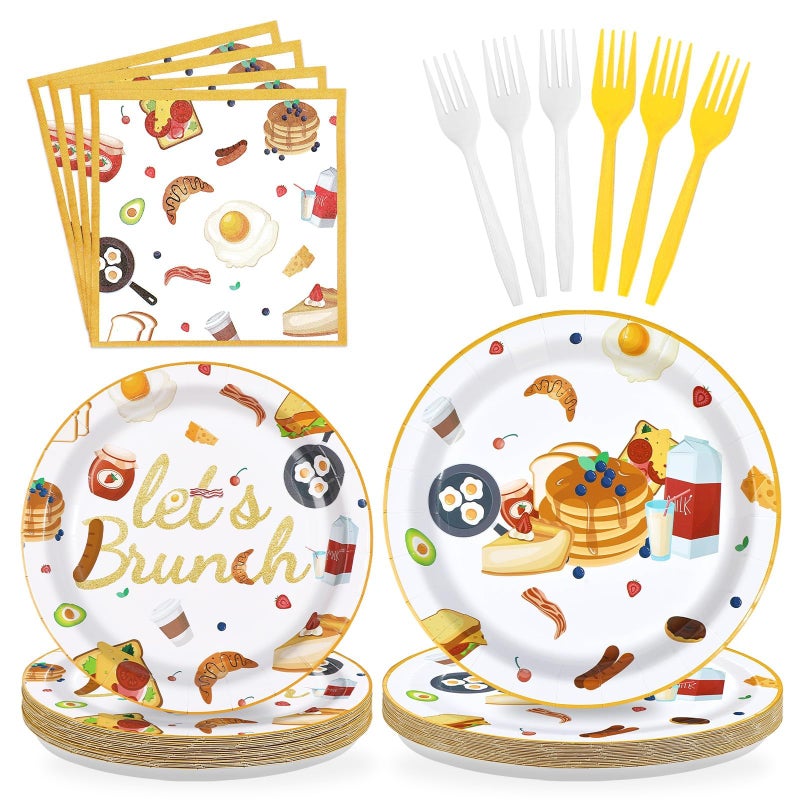 Greencian 96Pcs Let's Brunch Party Supplies Breakfast Food Theme Plates and Napkins Brunch Tableware Set for Birthday Baby Shower Bachelorette Bridal Shower Party Suppliesï¼ŒServes 24 - Image 1
