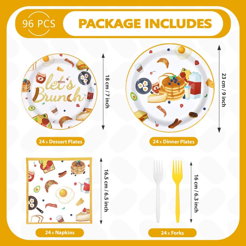 Greencian 96Pcs Let's Brunch Party Supplies Breakfast Food Theme Plates and Napkins Brunch Tableware Set for Birthday Baby Shower Bachelorette Bridal Shower Party Suppliesï¼ŒServes 24 - Image 2