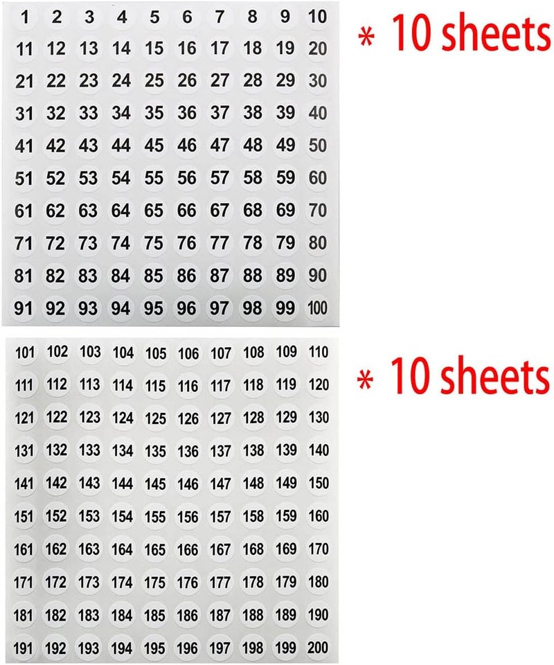 كلاراكو ملصق رقمي من 1 إلى 200، 20 ورقة من الفينيل، ملصق رقمي مستمر، 0.4 بوصة، ملصق رقمي دائري صغير، ملصق ذاتي اللصق، ملصق تشطيب للتخزين (10 ورقات من 1 إلى 100 و10 ورقات من 101 إلى 200) - Image 5