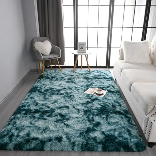 Pettop Fluffy Tie-Dye Peacock Blue Rug for Bedroom Living Room, 4x6 Feet Super Soft Shaggy Plush Fuzzy Rugs for Girls Kids Boys, Non-Slip and Washable Rug for Nursery Classroom, Carpet for Rooms Decor - Image 5