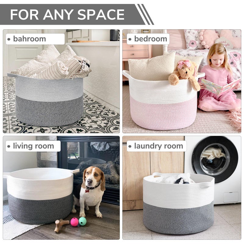 INDRESSME Extra Large Laundry Basket, Cotton Rope Blanket Basket for Nursery Living Room, Decorative Woven Storage Basket with Handles for Dirty Clothes, Toy Bin For Dog Toys, 21.7 x 13.8 inches, Grey - Image 5