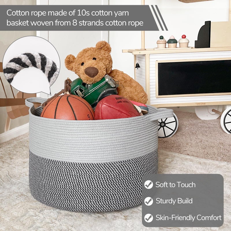 INDRESSME Extra Large Laundry Basket, Cotton Rope Blanket Basket for Nursery Living Room, Decorative Woven Storage Basket with Handles for Dirty Clothes, Toy Bin For Dog Toys, 21.7 x 13.8 inches, Grey - Image 2