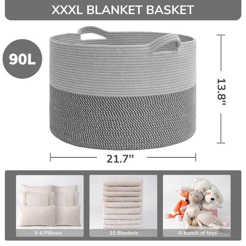 INDRESSME Extra Large Laundry Basket, Cotton Rope Blanket Basket for Nursery Living Room, Decorative Woven Storage Basket with Handles for Dirty Clothes, Toy Bin For Dog Toys, 21.7 x 13.8 inches, Grey - Image 3