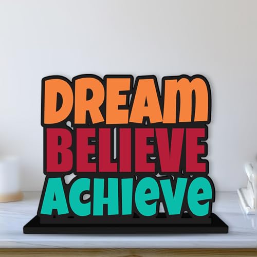 Artvibes Wooden Idols and Figurine Dream Believe Achieve Quote Table Decoration for Office Desk | Home Decor | Living Room | Bedroom | Modern Art Wood Showpiece Decorative Gifting Item (SP_1120) - Image 1