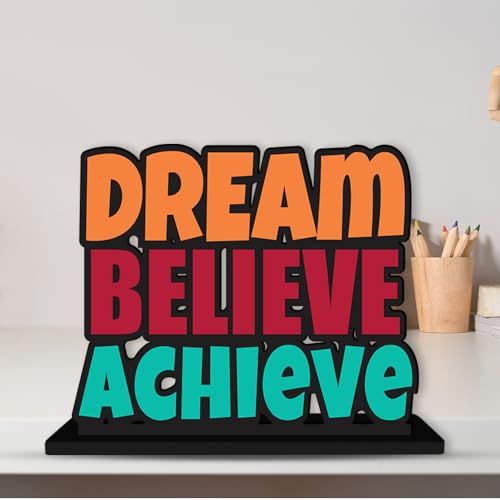Artvibes Wooden Idols and Figurine Dream Believe Achieve Quote Table Decoration for Office Desk | Home Decor | Living Room | Bedroom | Modern Art Wood Showpiece Decorative Gifting Item (SP_1120) - Image 4