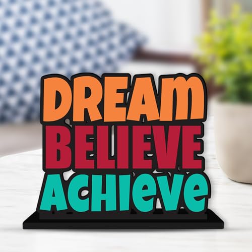 Artvibes Wooden Idols and Figurine Dream Believe Achieve Quote Table Decoration for Office Desk | Home Decor | Living Room | Bedroom | Modern Art Wood Showpiece Decorative Gifting Item (SP_1120) - Image 2