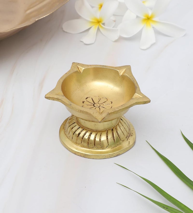 Two Moustaches Ethnic Flower Carved 5 Oil Wicks Brass Diya Pooja Deepak for Mandir Gift for Diwali Housewarmings 100 Pure Brass Antique Yellow Pack of 1 - Image 2
