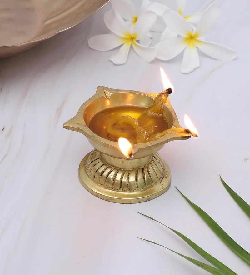 Two Moustaches Ethnic Flower Carved 5 Oil Wicks Brass Diya Pooja Deepak for Mandir Gift for Diwali Housewarmings 100 Pure Brass Antique Yellow Pack of 1 - Image 3