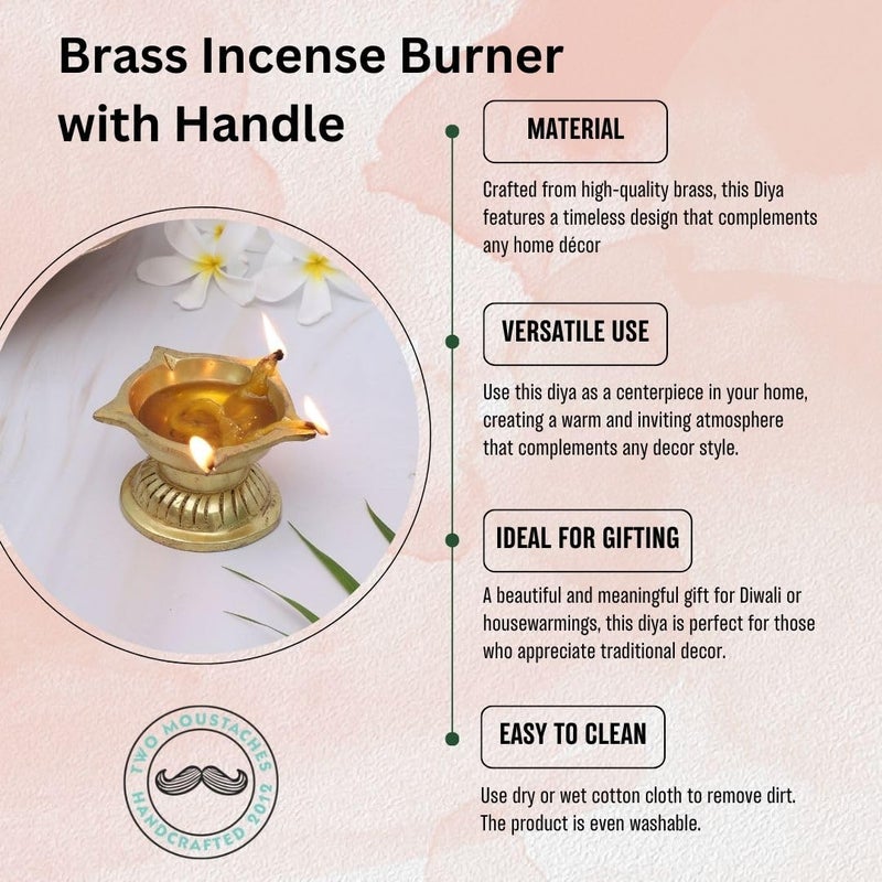 Two Moustaches Ethnic Flower Carved 5 Oil Wicks Brass Diya Pooja Deepak for Mandir Gift for Diwali Housewarmings 100 Pure Brass Antique Yellow Pack of 1 - Image 4