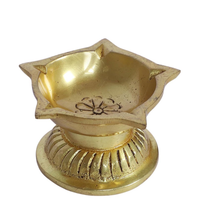 Two Moustaches Ethnic Flower Carved 5 Oil Wicks Brass Diya Pooja Deepak for Mandir Gift for Diwali Housewarmings 100 Pure Brass Antique Yellow Pack of 1 - Image 1