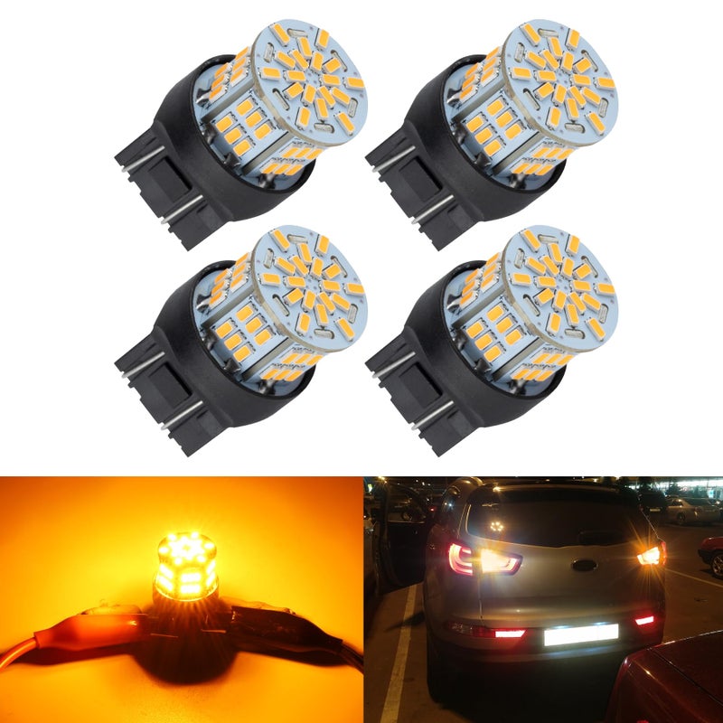 مصباح إشارة الانعطاف LED 7443 من iFunyLED مجموعة 4 قطع 12V24V فائق السطوع 7440 T20 مجموعة استبدال مصابيح للسيارة مصابيح خلفية ومكابح وإشارة انعطاف باللون الأصفر الكهرماني