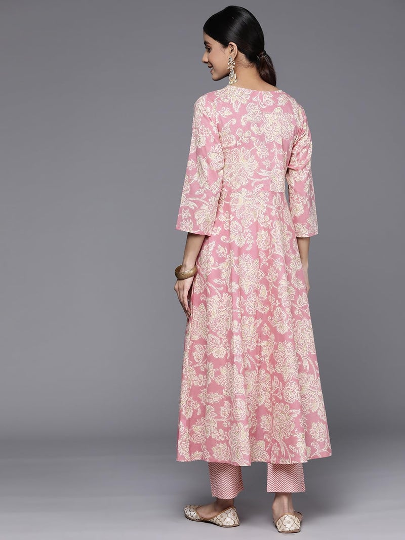 Varanga Women pink floral printed angrakha style anarkali kurta paired with printed bottom. - Image 3