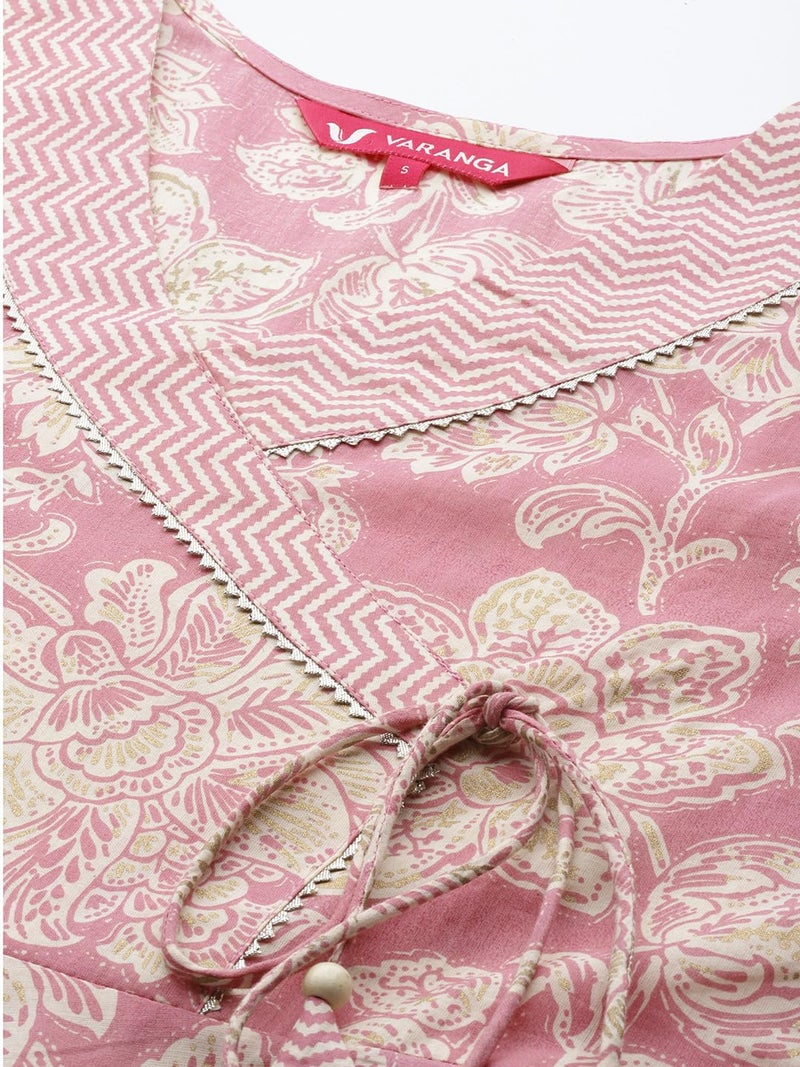 Varanga Women pink floral printed angrakha style anarkali kurta paired with printed bottom. - Image 4